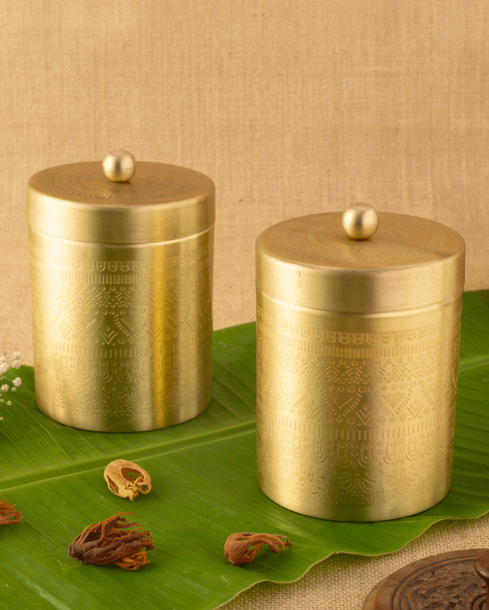 Brass Antique Container Engraved Set of 2