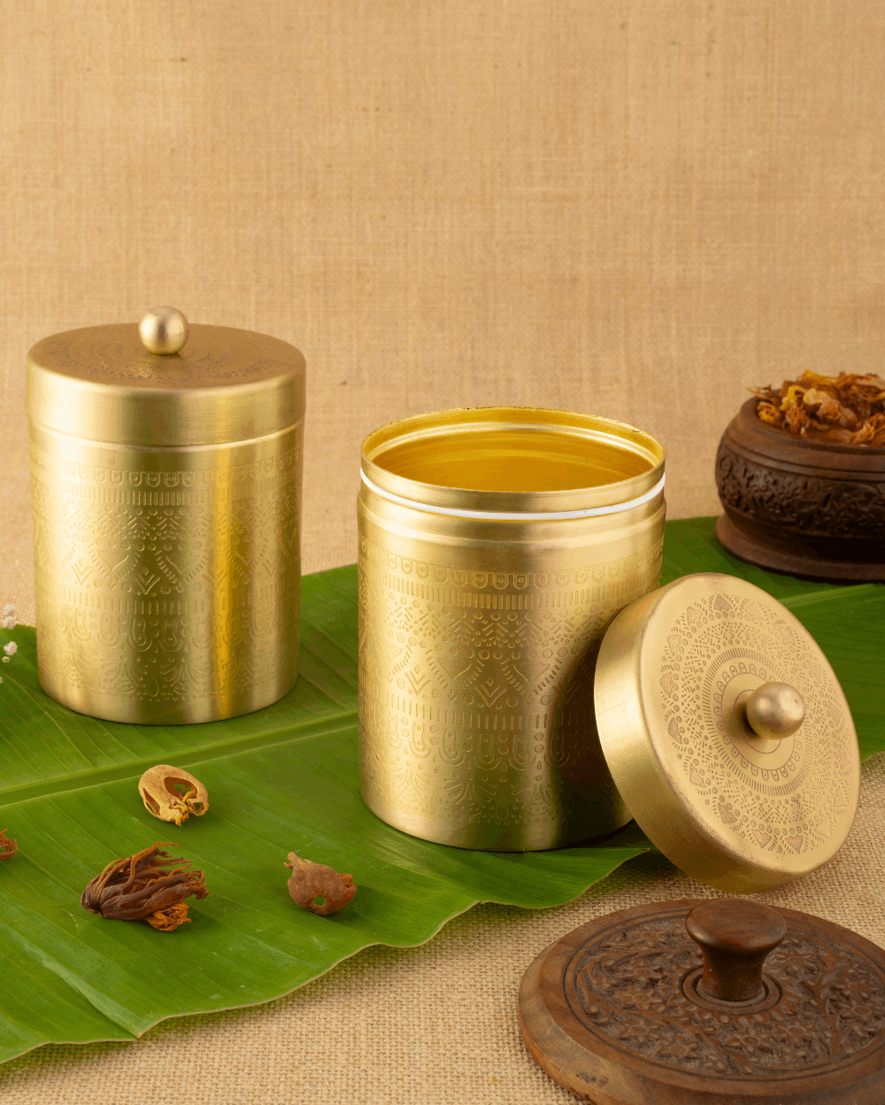 Royal Brass Antique Container Engraved Set of 2