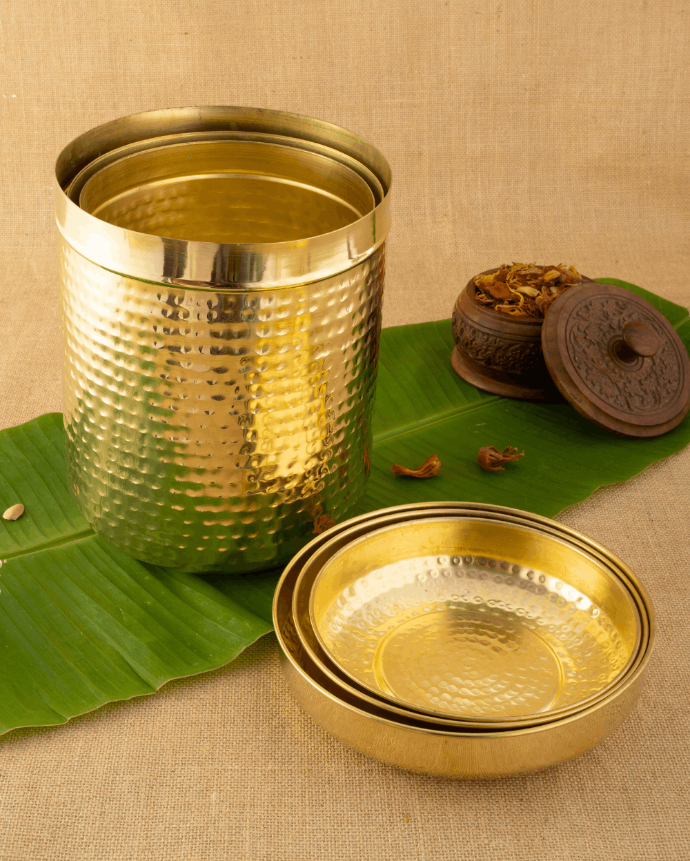 Authentic Brass Classic Hammered Big Container Set of 3 Pcs