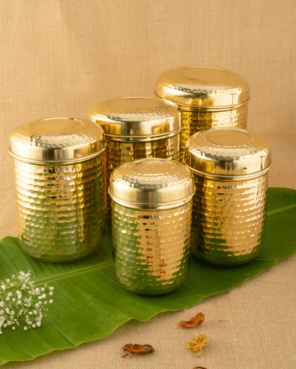 Brass Classic Hammered Container Set of 5 Pcs
