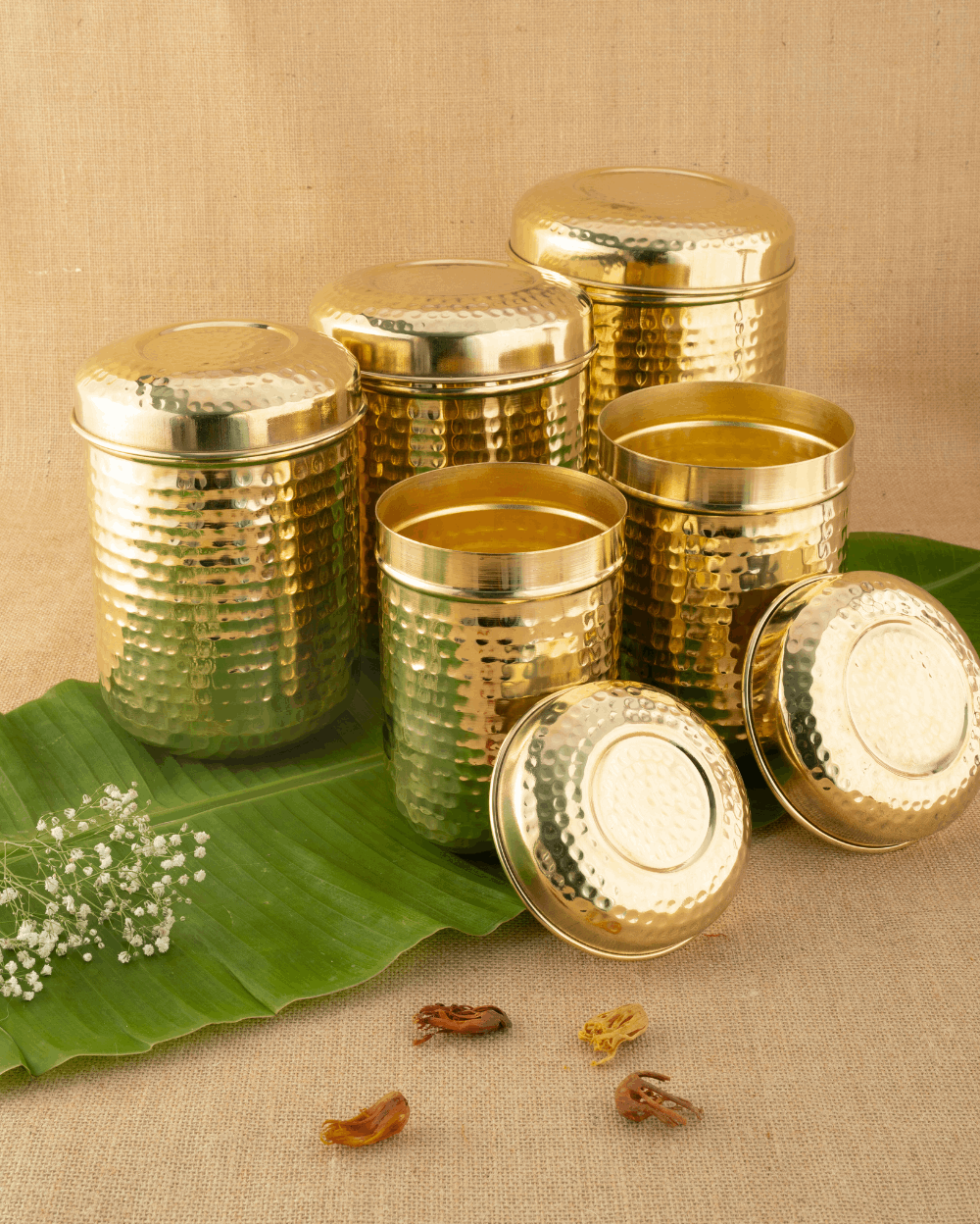 Authentic Brass Classic Hammered Container Set of 5 Pcs