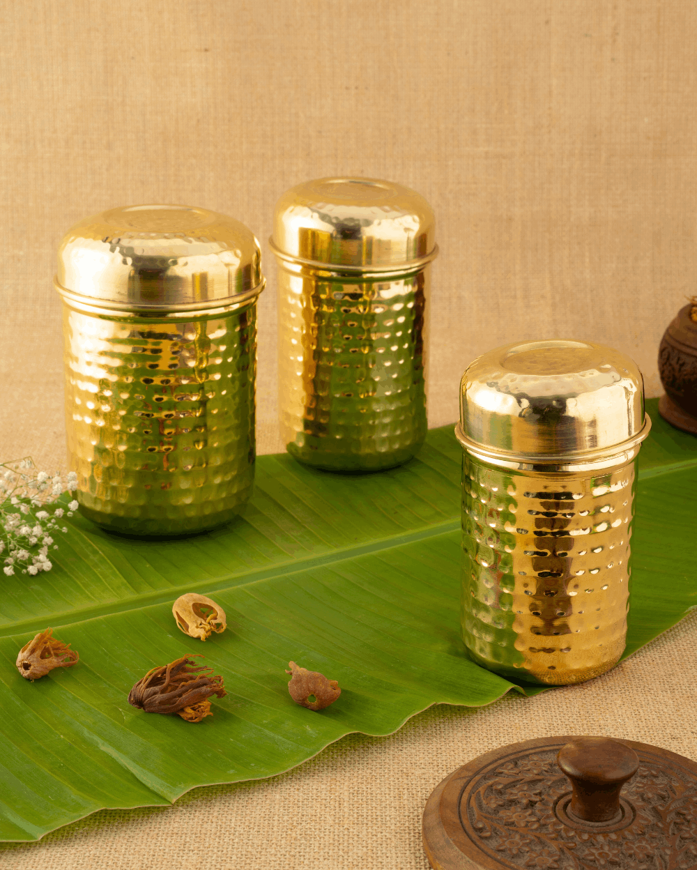 Brass Classic Hammered Tea-Coffee-Sugar Container Set