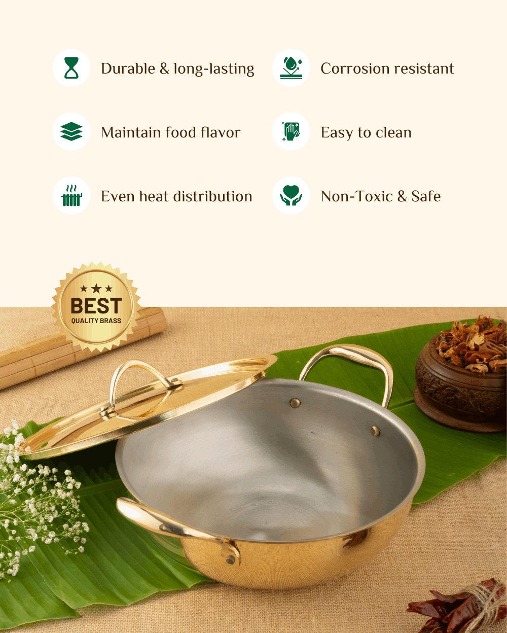 Benefits Of Brass Robust Kadai Tin Coated with Lid