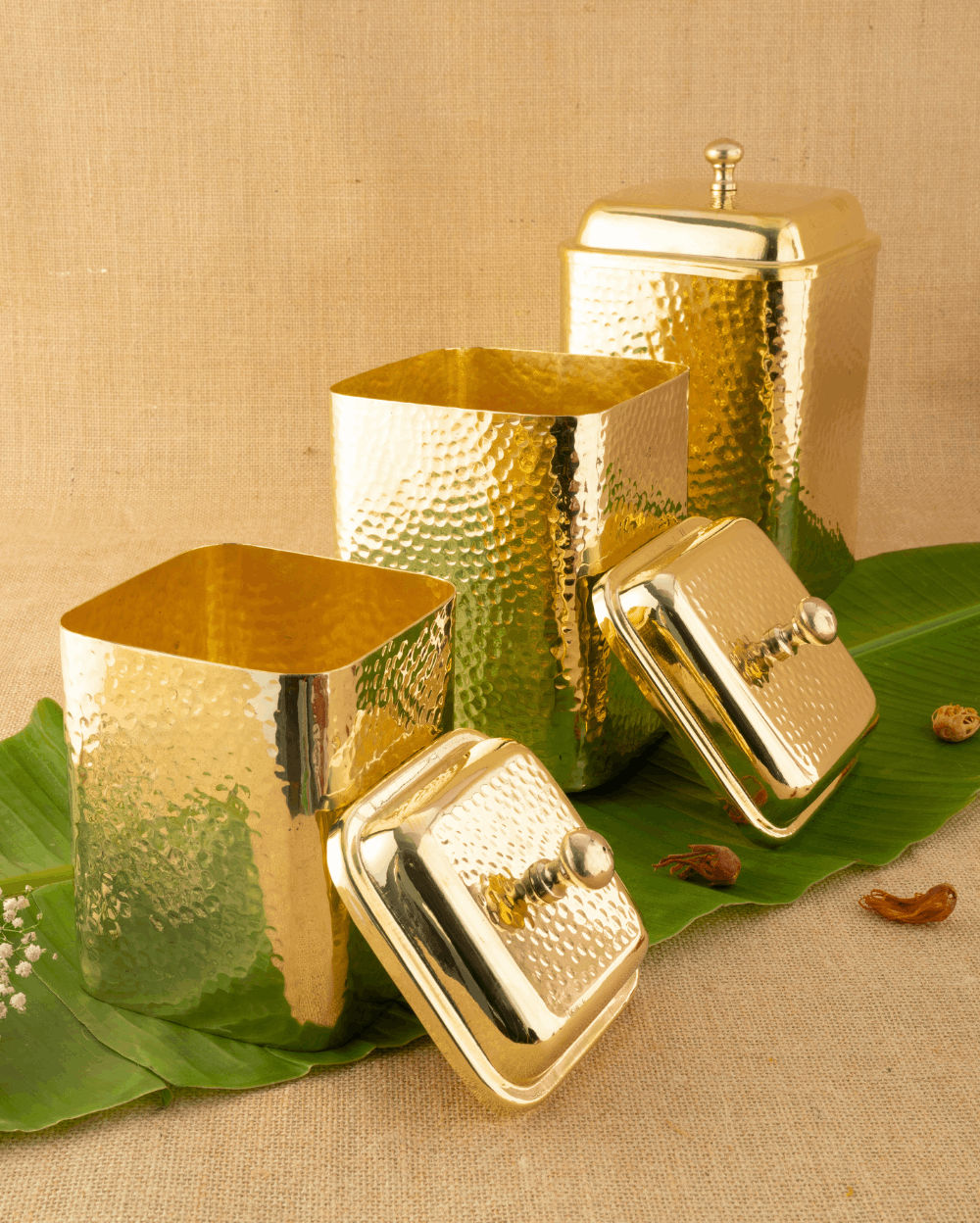 Brass Royal Hammered Square Container Set of 3