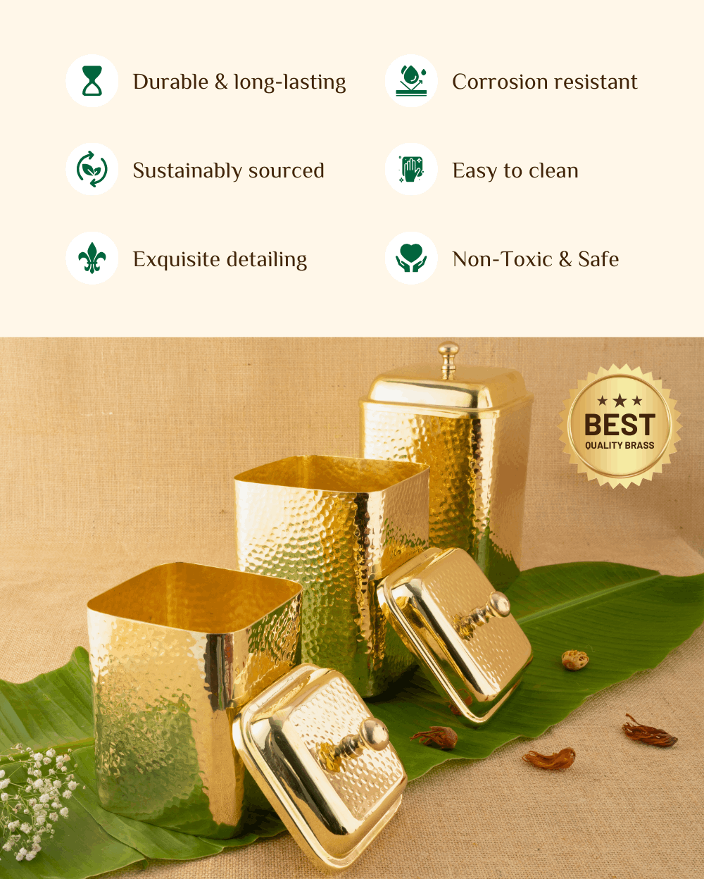 Benefits Of Brass Royal Hammered Square Container Set of 3