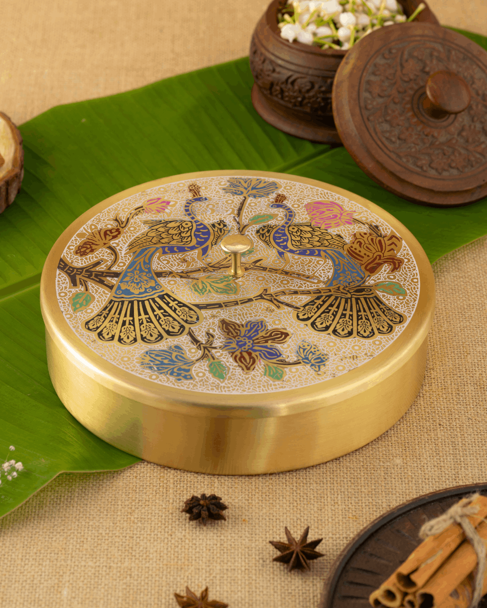 Brass Spice Box Peacock Engraved