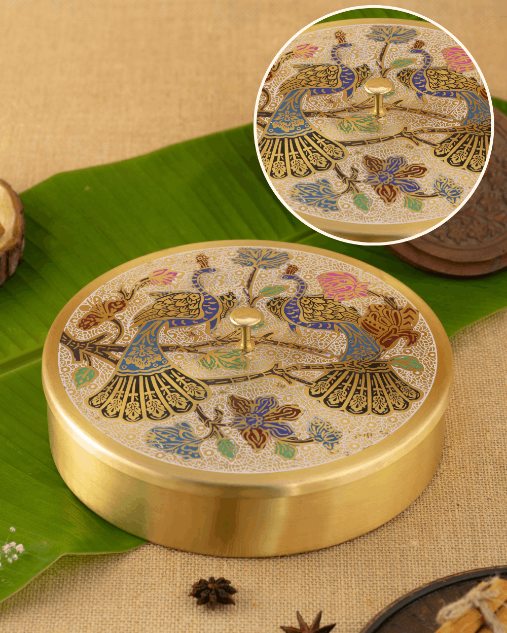 Authentic Brass Spice Box Peacock Engraved