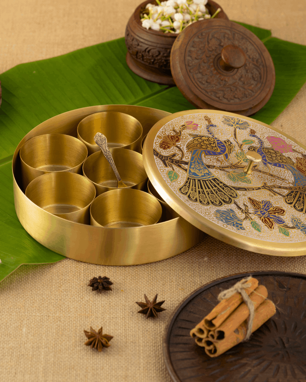 Royal Brass Spice Box Peacock Engraved