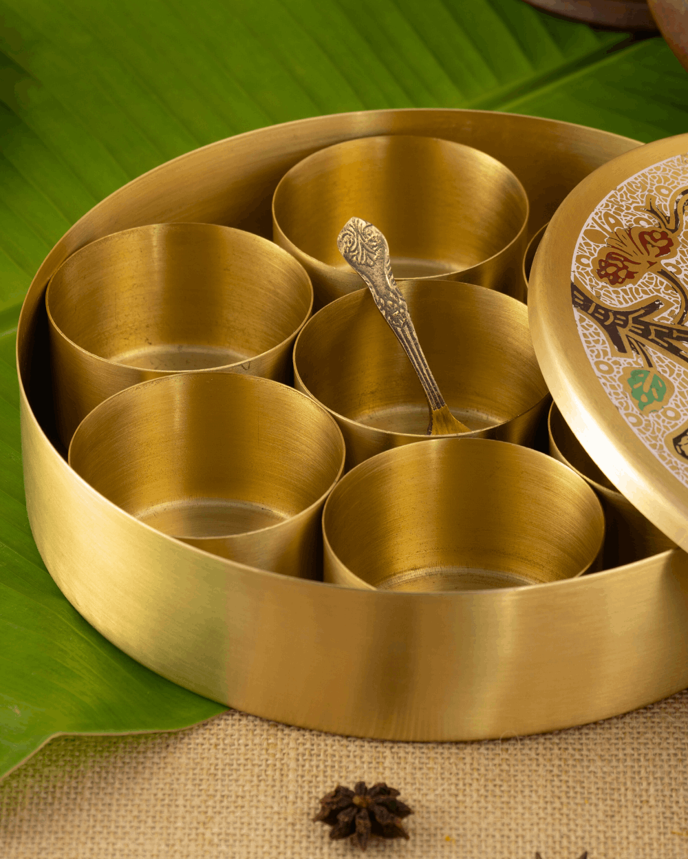 Classic Brass Spice Box Peacock Engraved