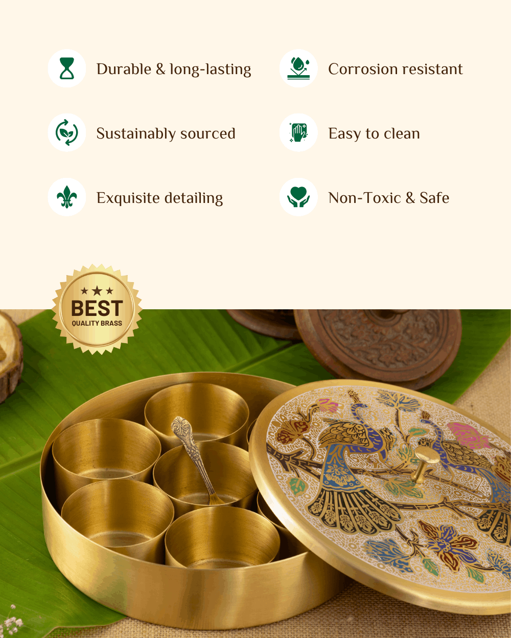 Benefits Brass Spice Box Peacock Engraved