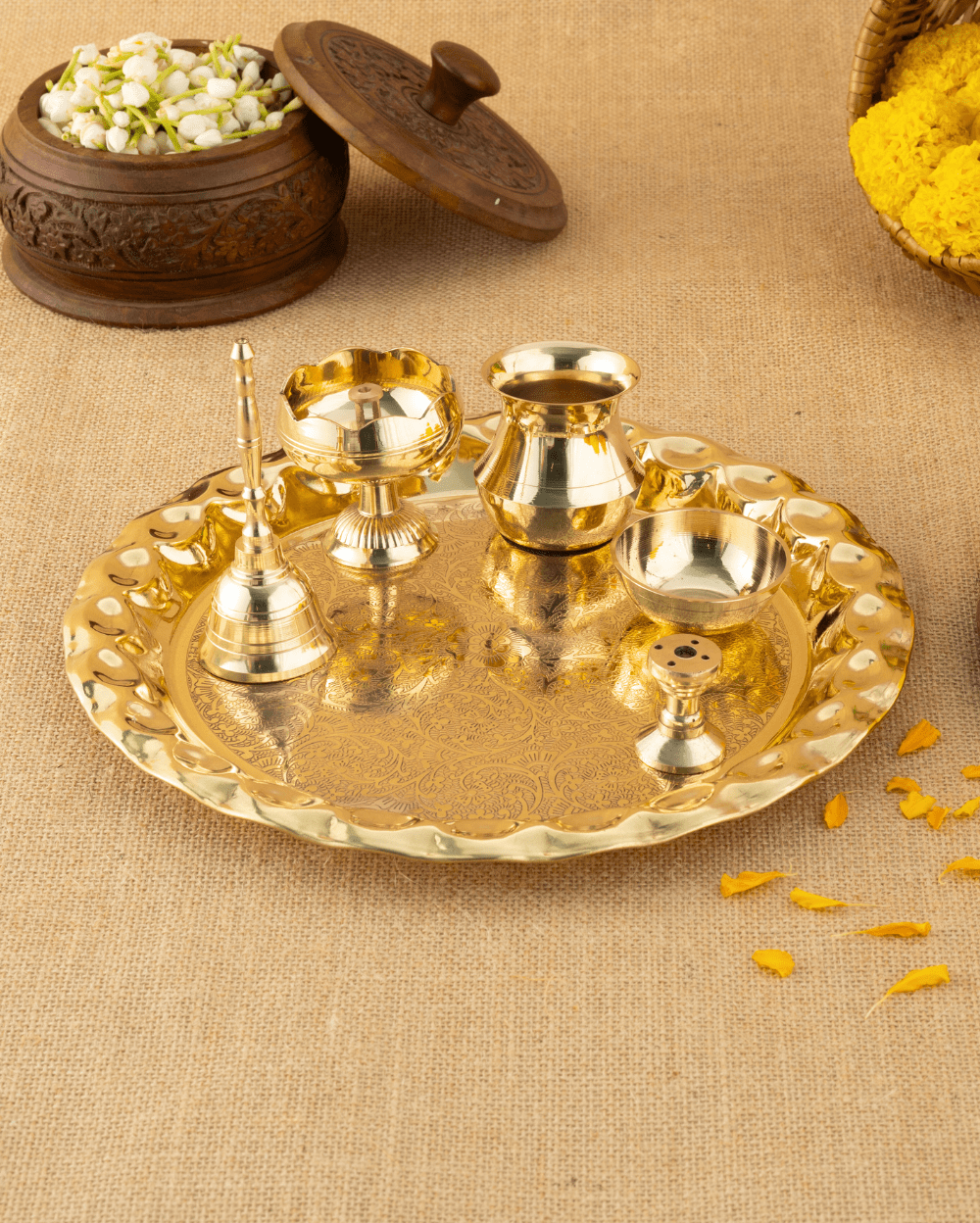 Brass Divine Pooja Set Engraved