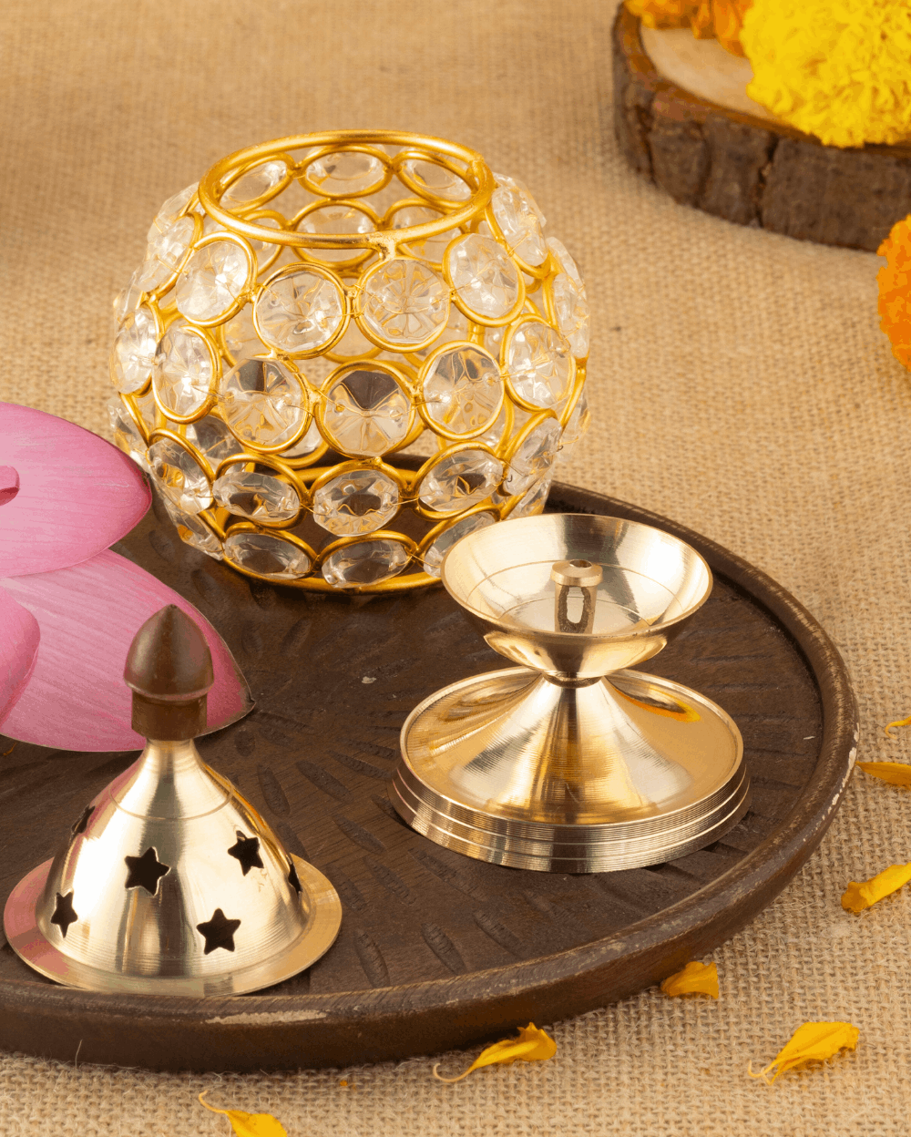 Real Brass Oval Crystal Akhand Diya