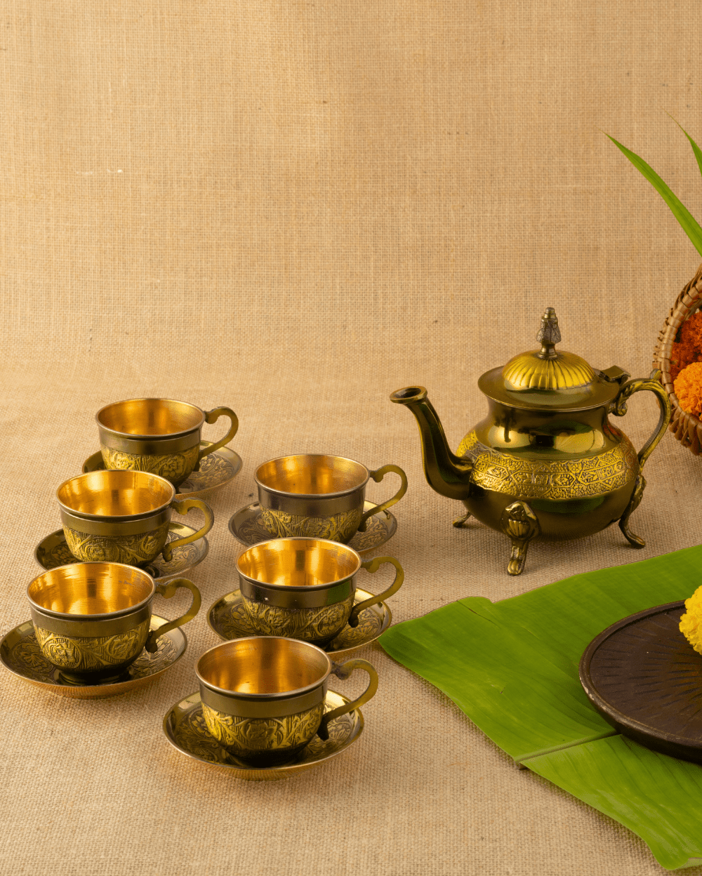 Brass Rajwadi Cup Saucer Set With Kettle