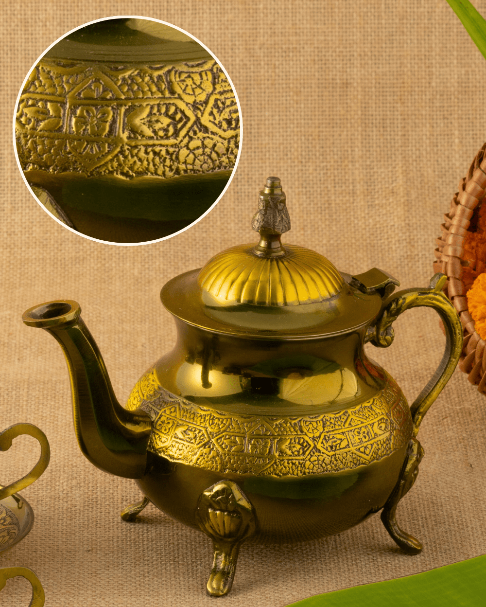 Authentic Brass Rajwadi Cup Saucer Set With Kettle