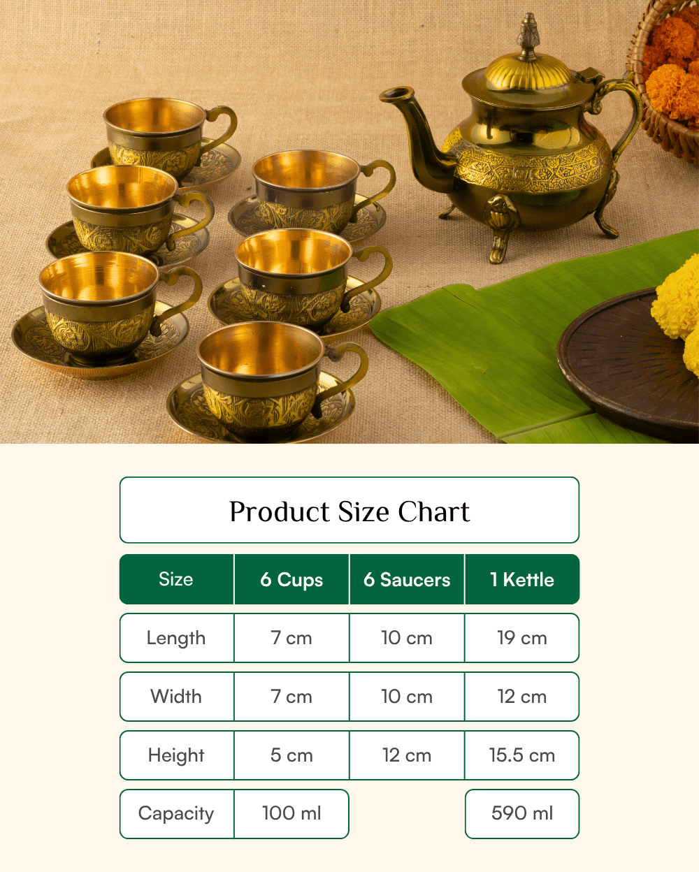 Premium Brass Rajwadi Cup Saucer Set With Kettle