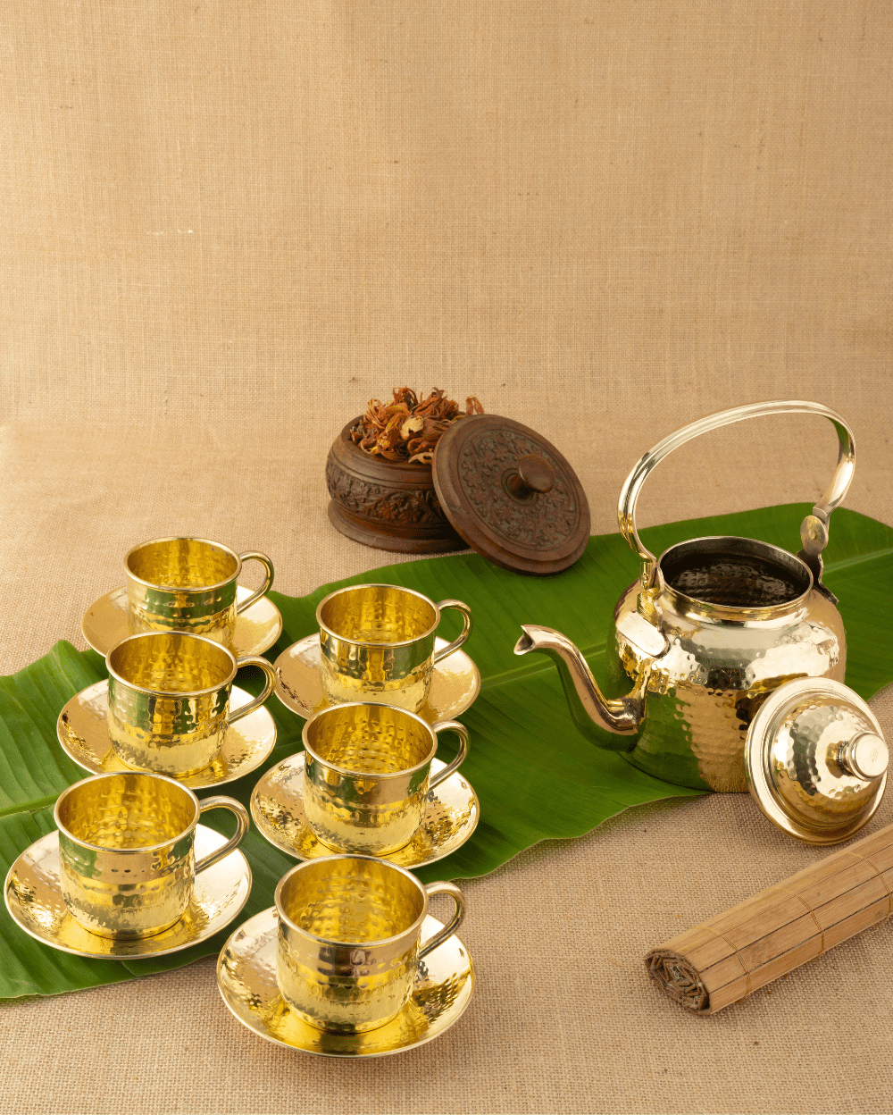 Pure Brass Signature Cup Saucer Set Hammered with Kettle