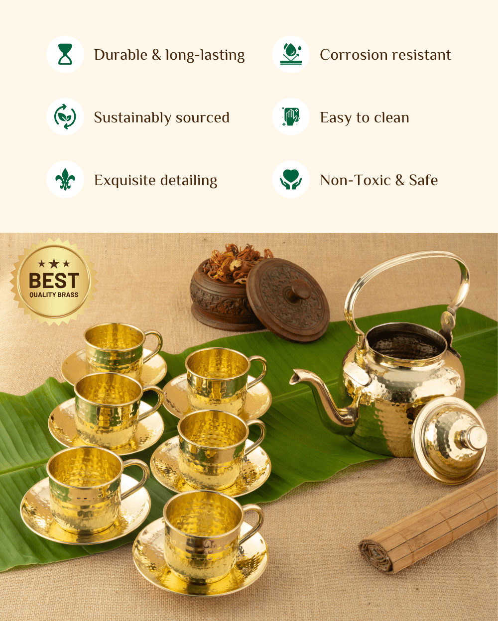 Benefits of Brass Signature Cup Saucer Set Hammered with Kettle