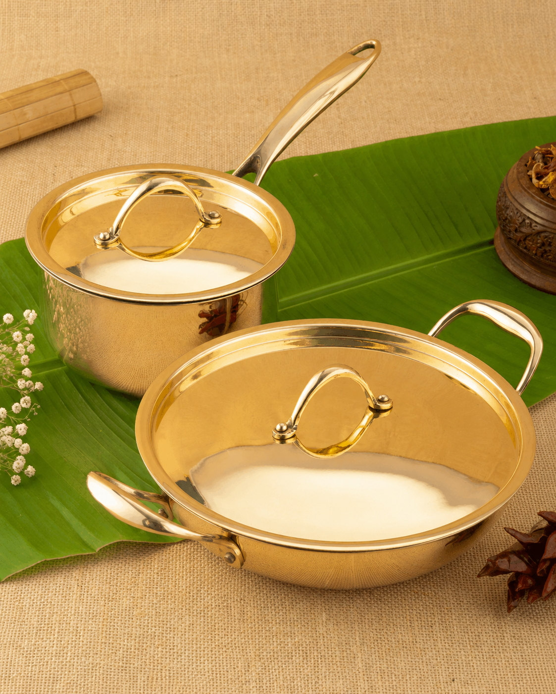Premium Brass Cookware Combo – Brass Robust Kadai + Brass Robust Saucepan (Tin Coated with Lid)