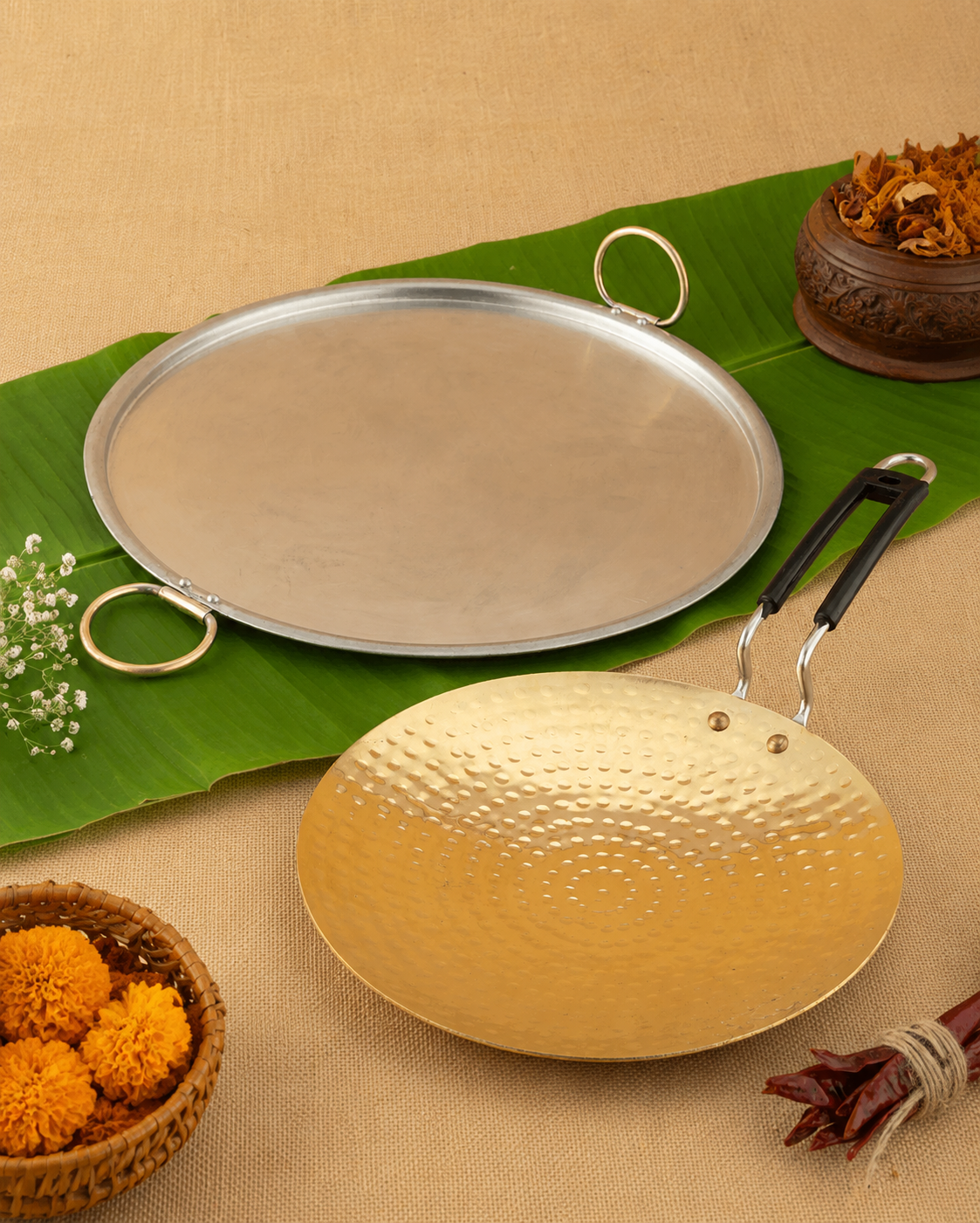 Traditional Brass Tawa Combo – Brass Robust Dosa Tawa + Brass Premium Hammered Roti Tawa