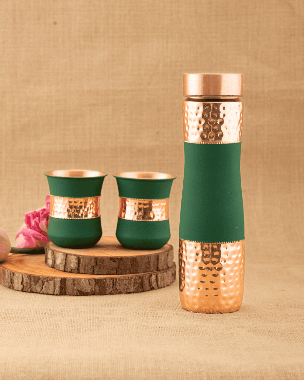 Copper Alpha Bottle Green Color Coated with 2 Pcs Glass
