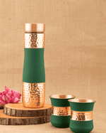 Pure Copper Alpha Bottle Green Color Coated with 2 Pcs Glass
