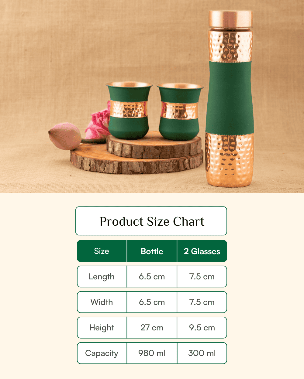 Real Copper Alpha Bottle Green Color Coated with 2 Pcs Glass