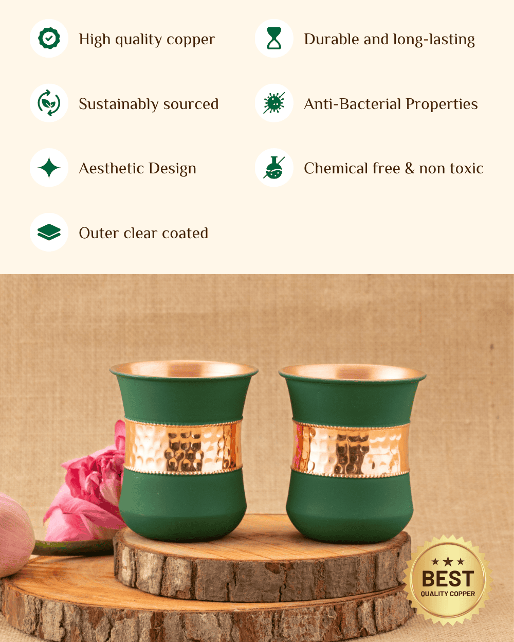 Benefits of Copper Alpha Bottle Green Color Coated with 2 Pcs Glass