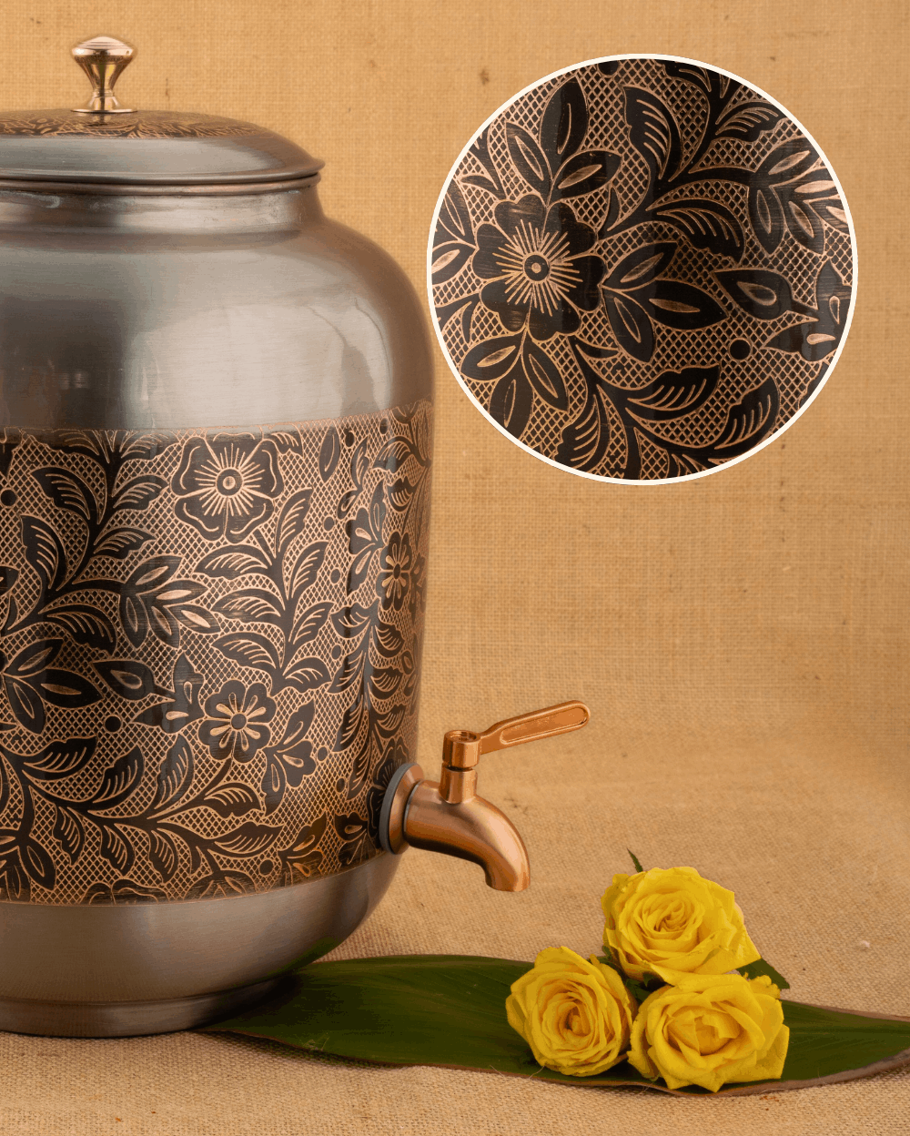 Authentic Copper Classic Matka Flower Engraved Color Coated