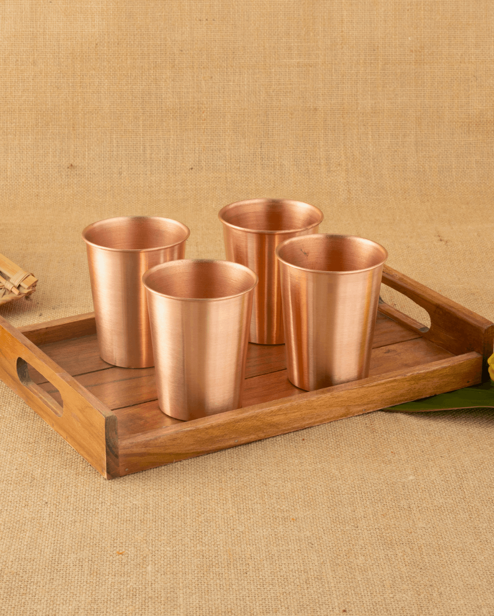 Copper Crest Glass 4 Pcs Set with Teakwood Tray