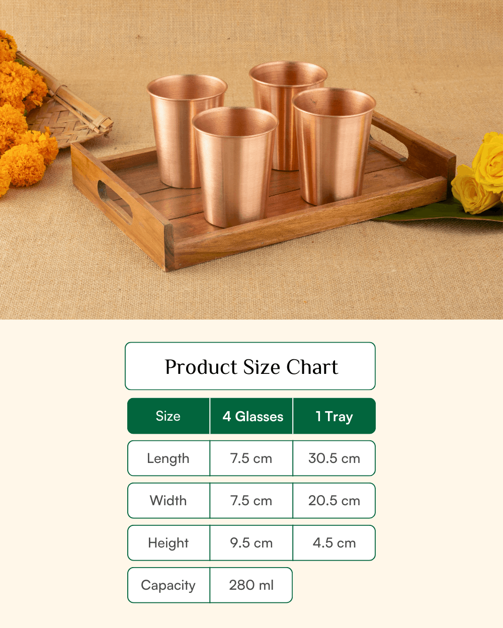 Premium Copper Crest Glass 4 Pcs Set with Teakwood Tray