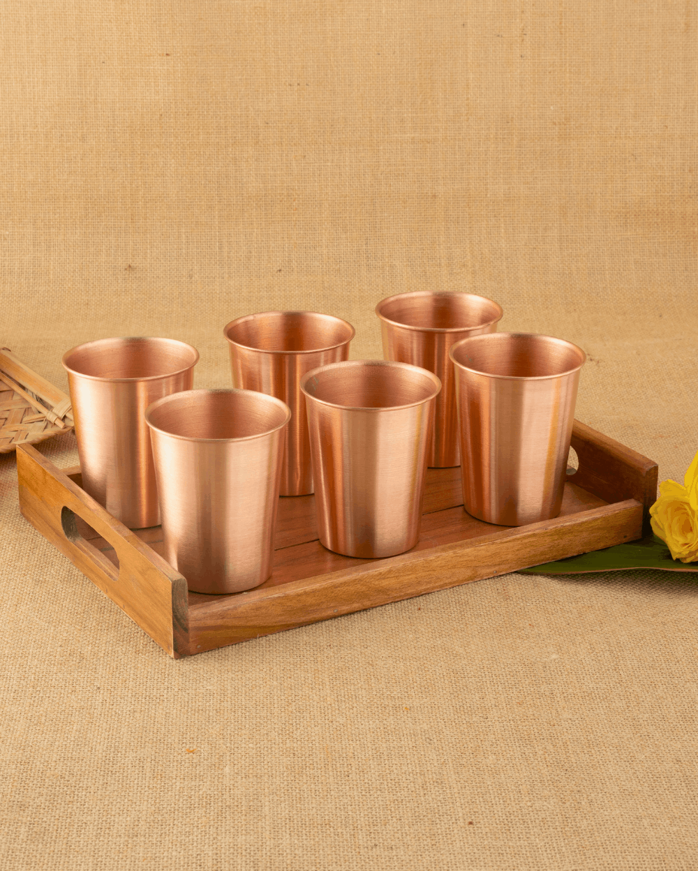 Copper Crest Glass 6 Pcs Set with Teakwood Tray