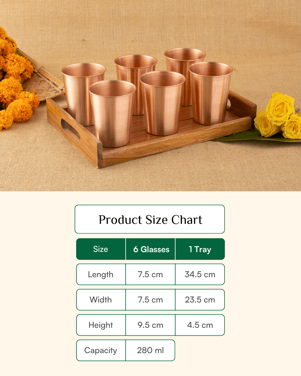 Premium Copper Crest Glass 6 Pcs Set with Teakwood Tray