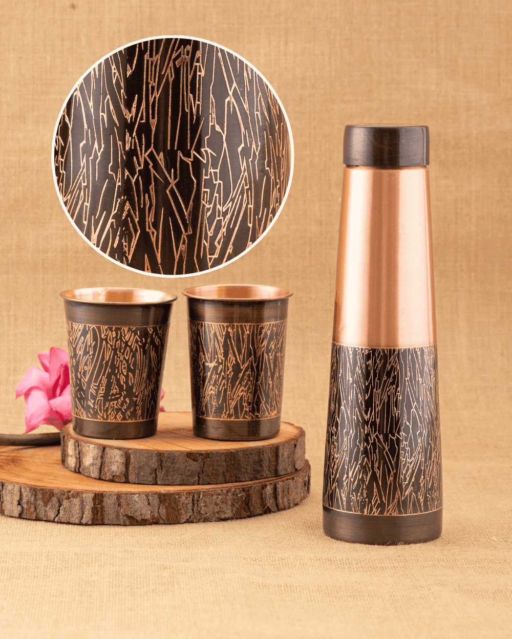 Pure Copper Tower Bottle Engrawed with 2 Pcs Glass