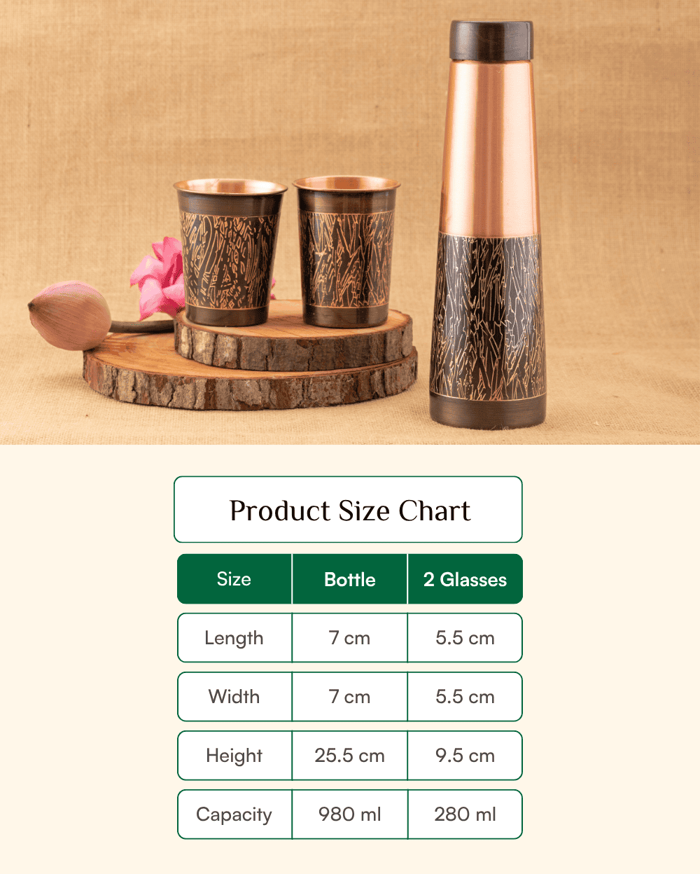 Premium Copper Tower Bottle Engrawed with 2 Pcs Glass
