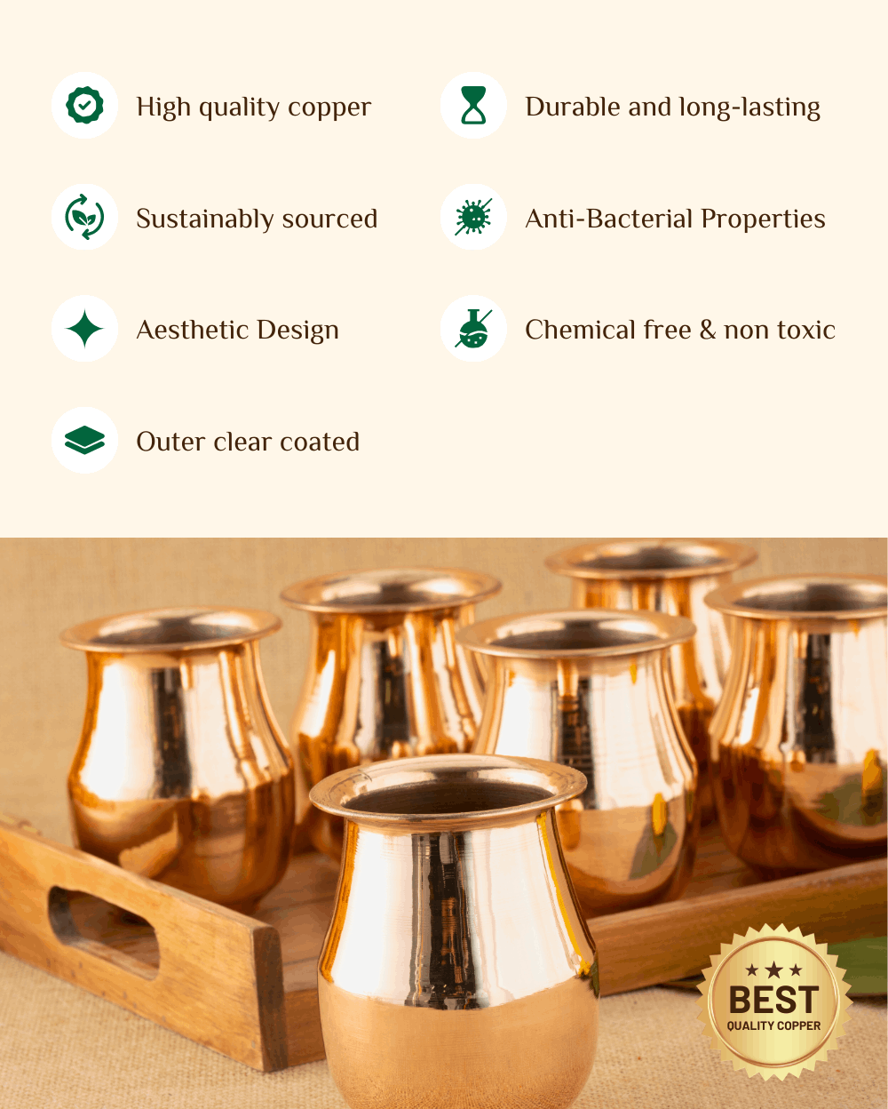 Benefits Of Copper vintage Glass 6 pcs with teakwood tray