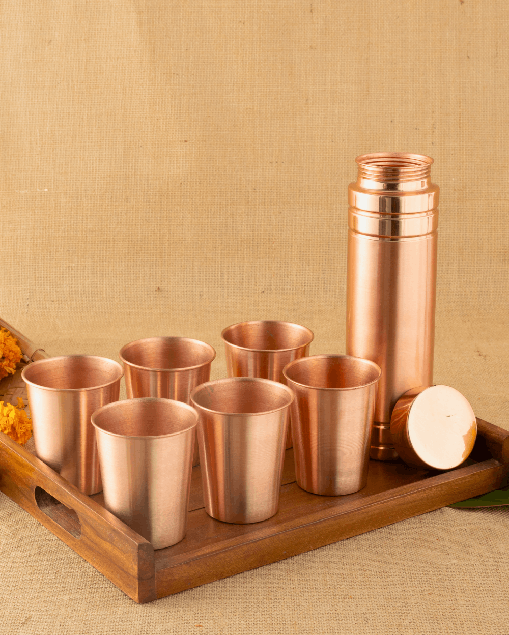 Pure Copper crest Glass 6 pcs set + premium bottle 980ml ltr with teakwood tray