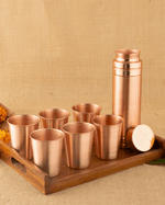 Pure Copper crest Glass 6 pcs set + premium bottle 980ml ltr with teakwood tray
