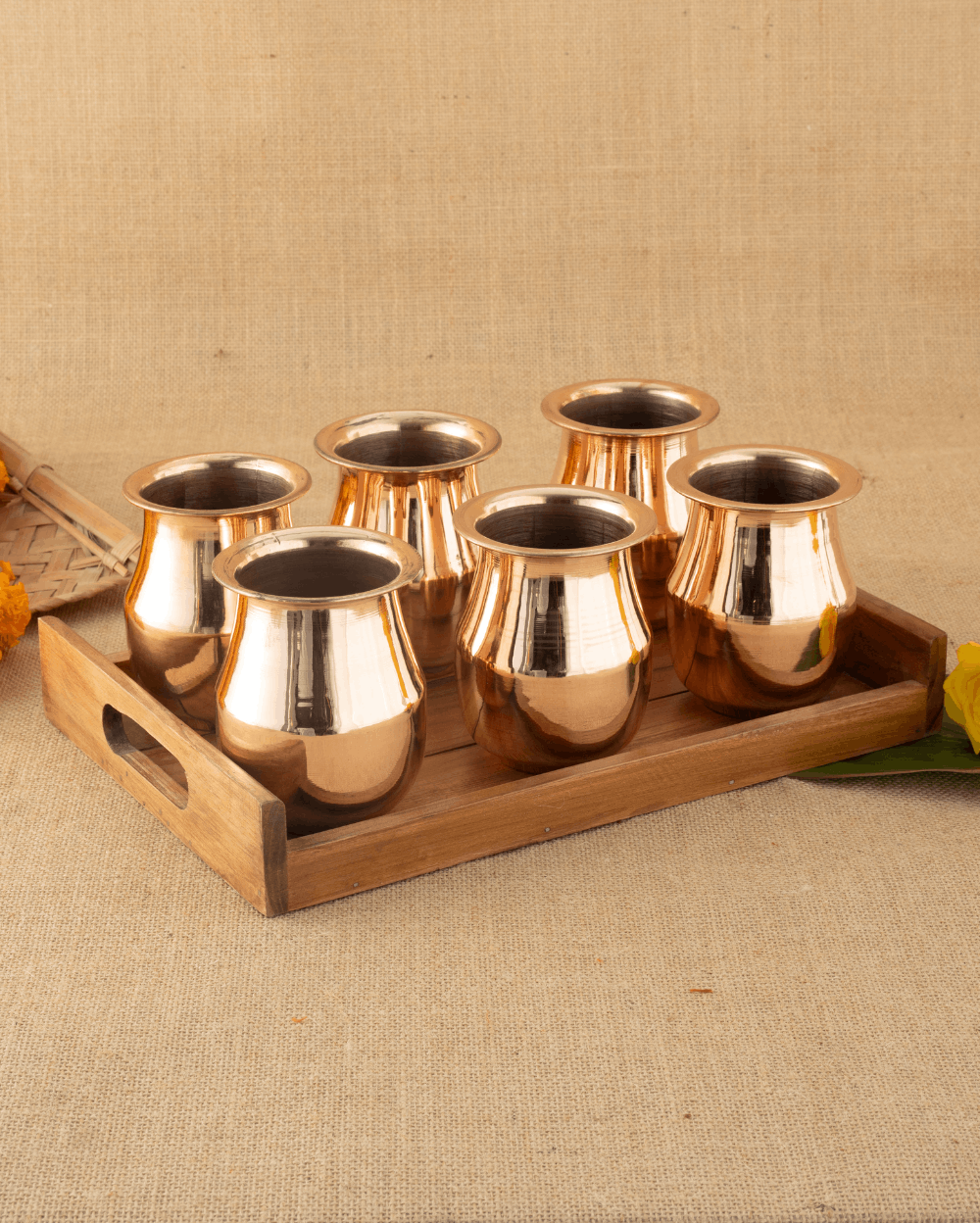 Copper vintage Glass 6 pcs with teakwood tray