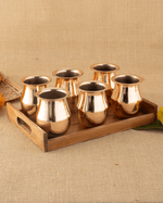 Copper vintage Glass 6 pcs with teakwood tray