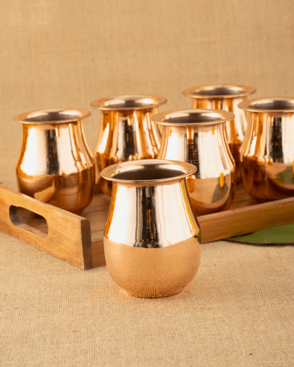 Authentic Copper vintage Glass 6 pcs with teakwood tray