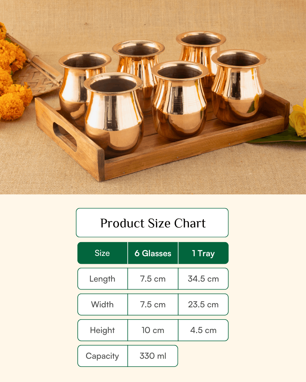 Premium Copper vintage Glass 6 pcs with teakwood tray