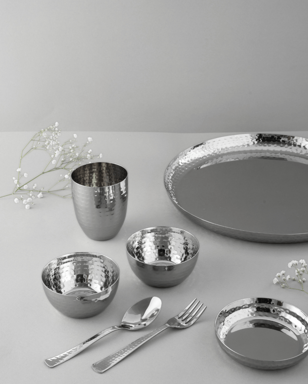 Authentic Steel Gleam Hammered Thali Set 42 Pcs