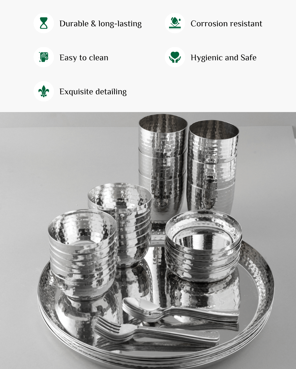 Benefits of Steel Gleam Hammered Thali Set 42 Pcs