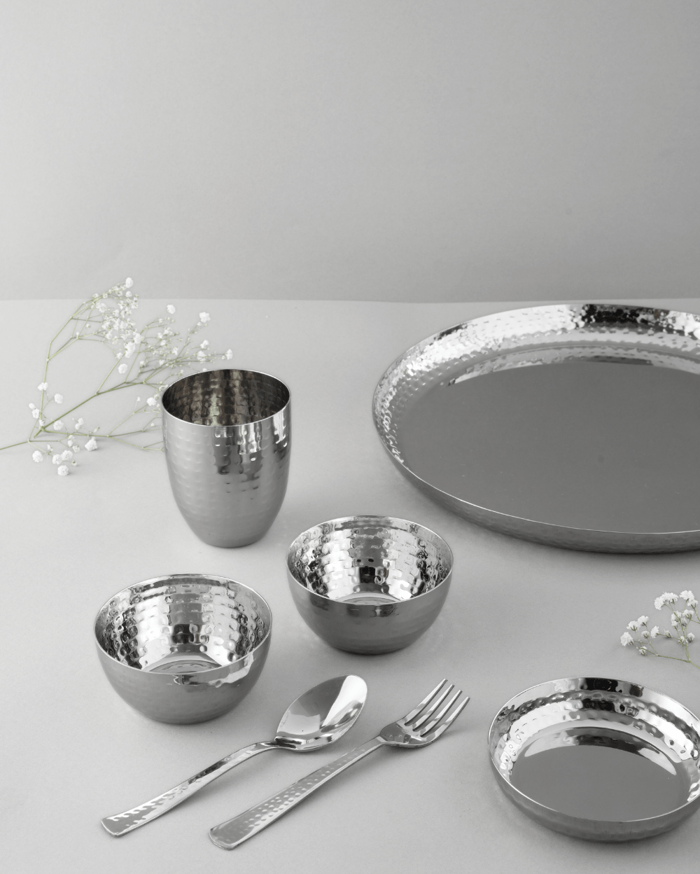 Authentic Steel Gleam Hammered Thali Set 7 Pcs