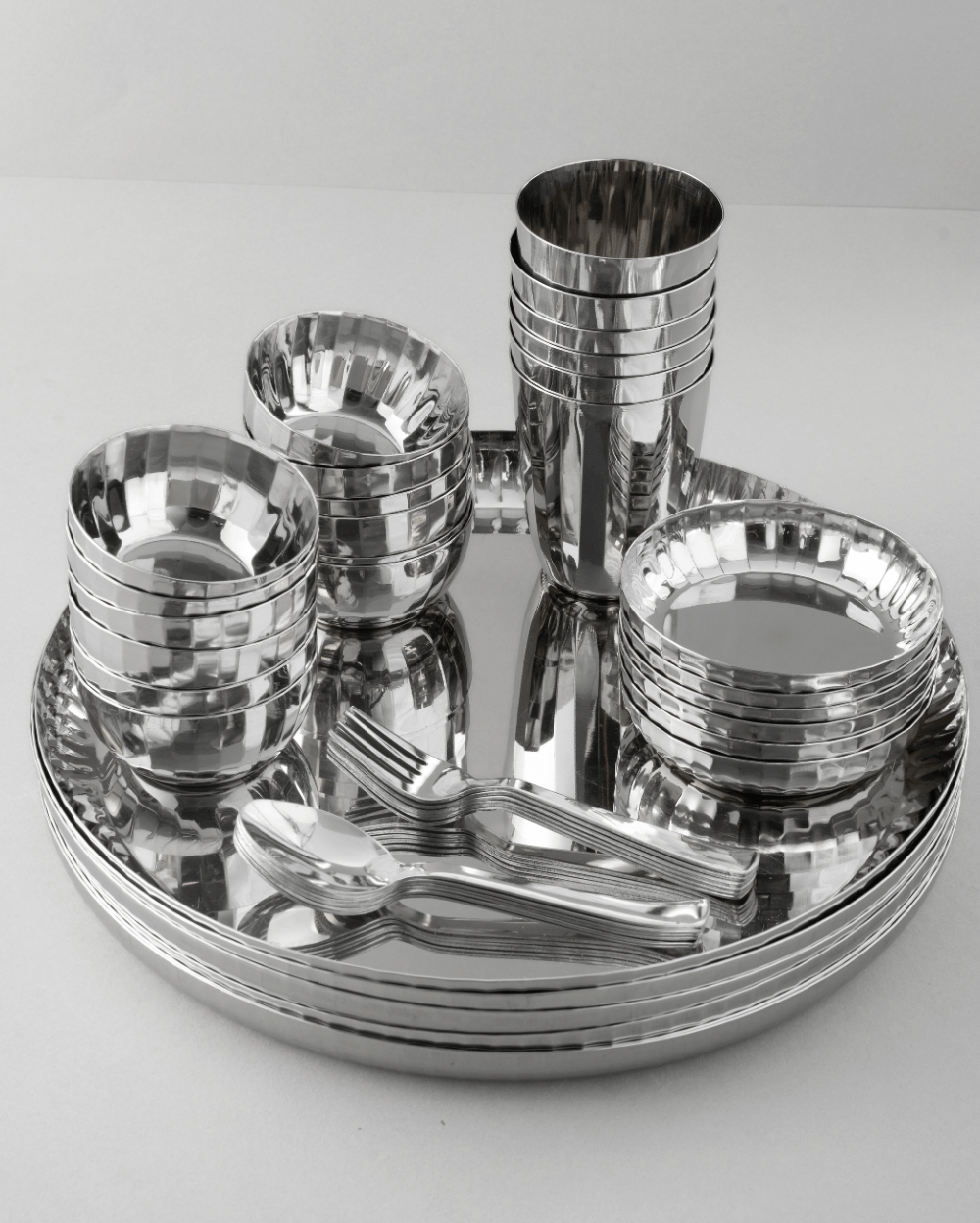 Steel Sparkle Hammered Thali Set 42 Pcs