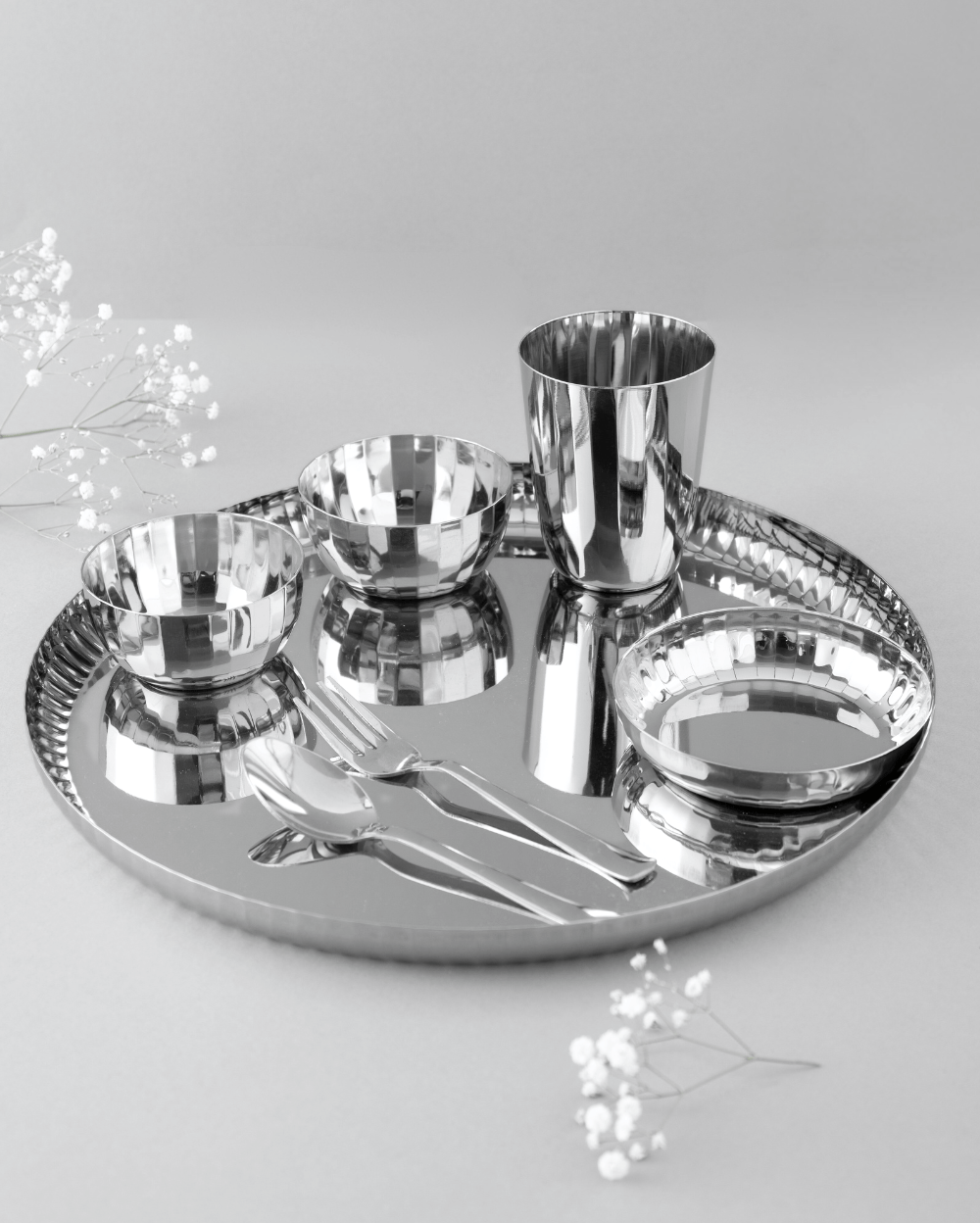 Authentic Steel Sparkle Hammered Thali Set 42 Pcs