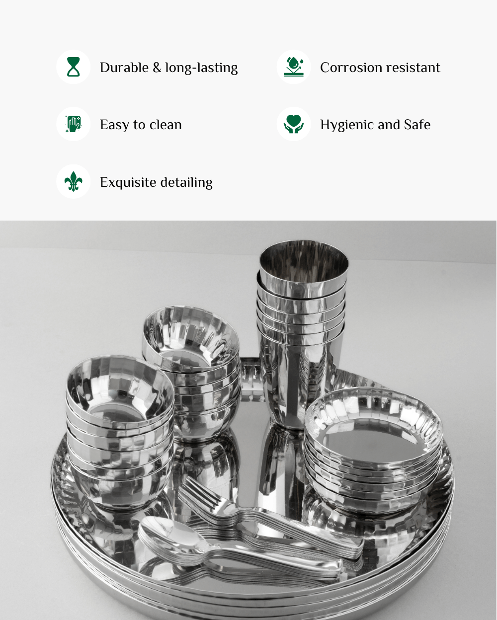 Benefits of Steel Sparkle Hammered Thali Set 42 Pcs