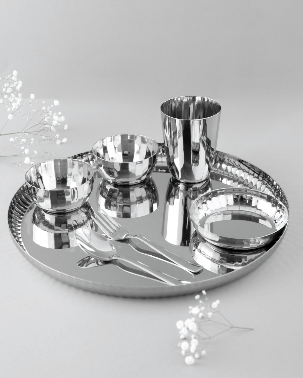 Steel Sparkle Hammered Thali Set 7 Pcs