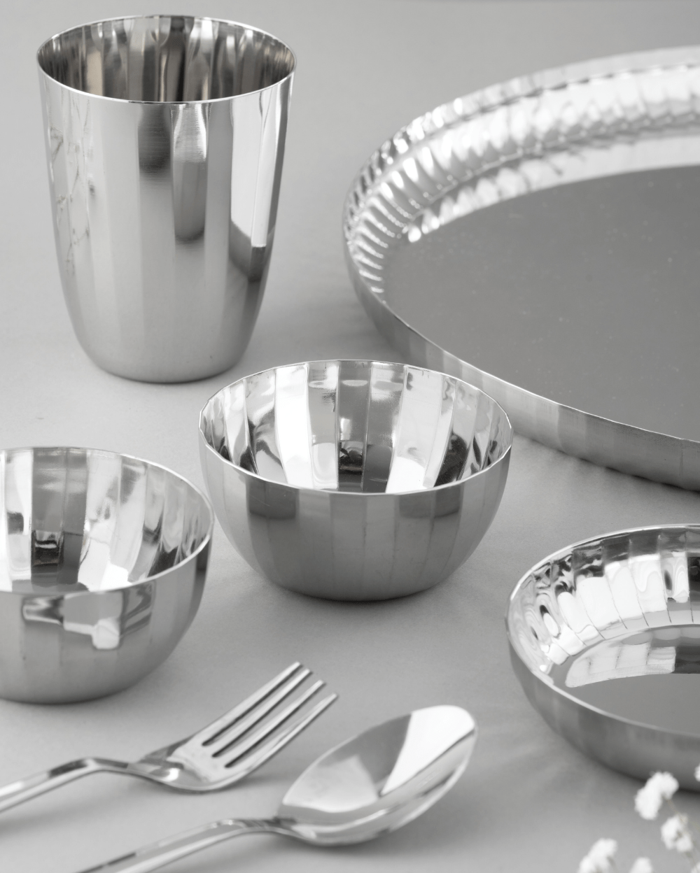 Authentic Steel Sparkle Hammered Thali Set 7 Pcs