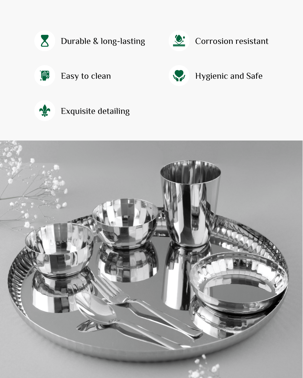 Benefits of Steel Sparkle Hammered Thali Set 7 Pcs
